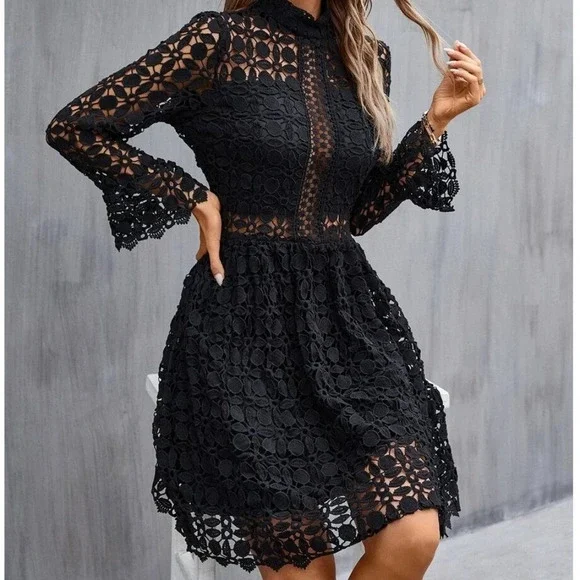 Elegant French Fit-n-Flare Cut Romantic Gupuire Lace Paneled Dress All Black - Picture 5 of 10